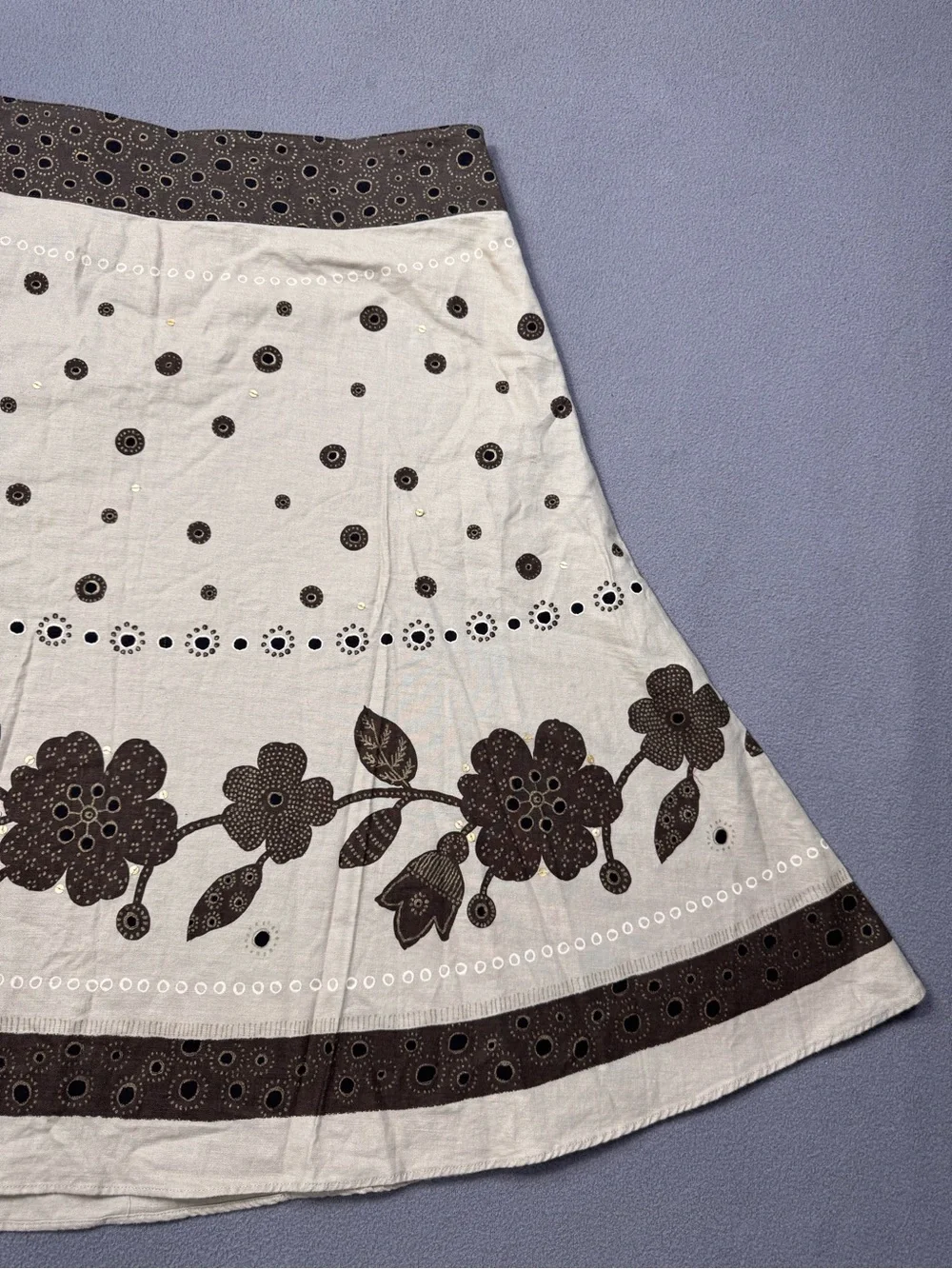 Liz Claiborne Vintage Cottagecore Fairy,Cream A-Line Skirt,Brown Floral Trim, 14